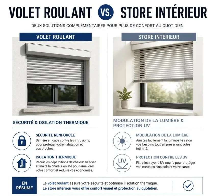 Infographie comparative entre volets et stores pour la protection thermique et la modulation de la lumière.