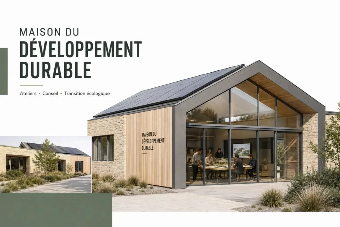 Maison développement durable : bâtiment éco-conçu accueillant un atelier et un espace de rencontre