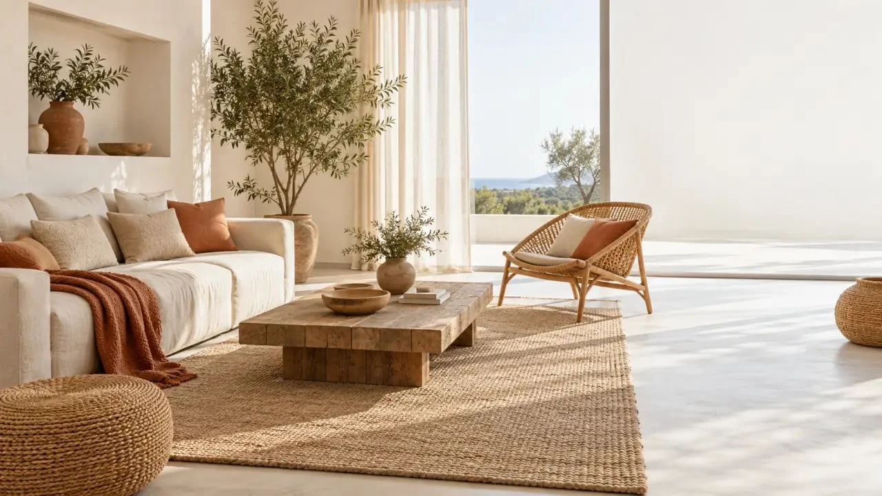 Salon chaleureux illustrant une deco boheme chic avec rotin, bois brut et textiles naturels