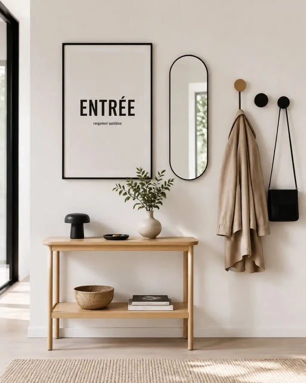 Idée de decoration murale dans une entrée avec affiche, miroir et patères