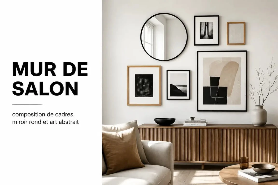 Idée de decoration murale dans un salon avec cadres, miroir et tableau abstrait
