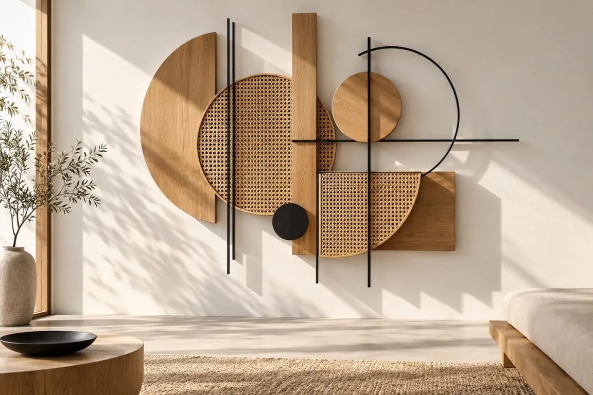 Déco murale originale en bois, rotin et métal avec effets de relief