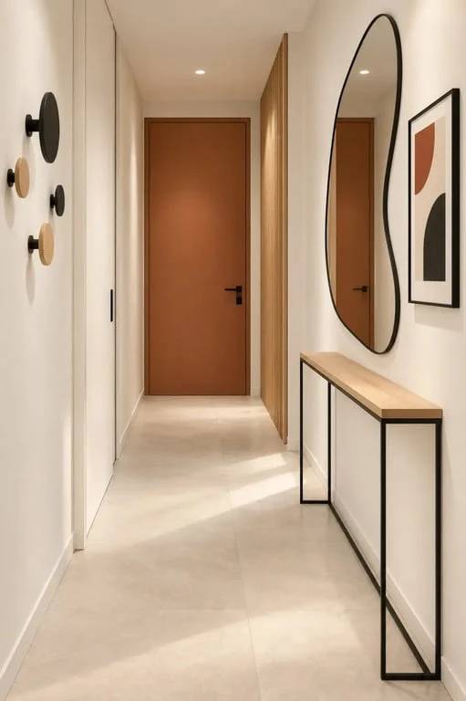 Déco murale originale pour une entrée étroite avec miroir et patères