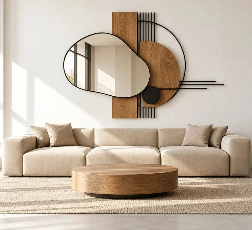 Déco murale originale avec pièce maîtresse au-dessus d’un canapé dans un salon contemporain