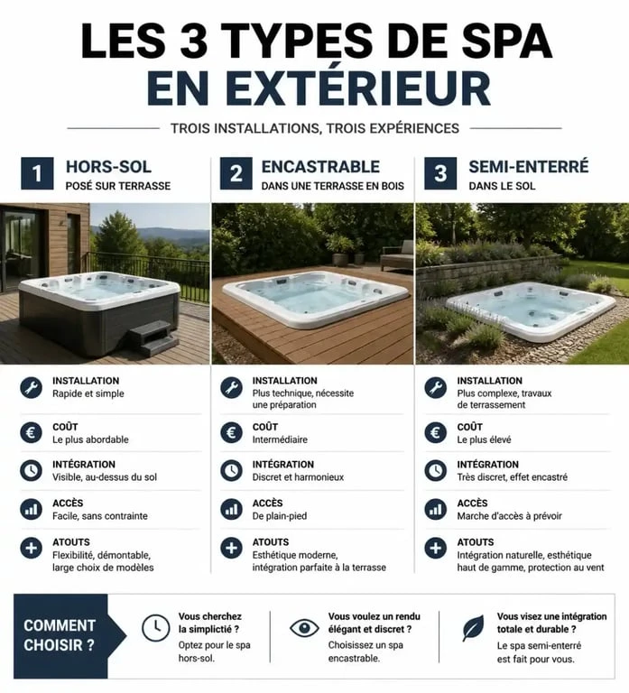 Comparatif des types de spa en extérieur : hors-sol, encastrable et semi-enterré