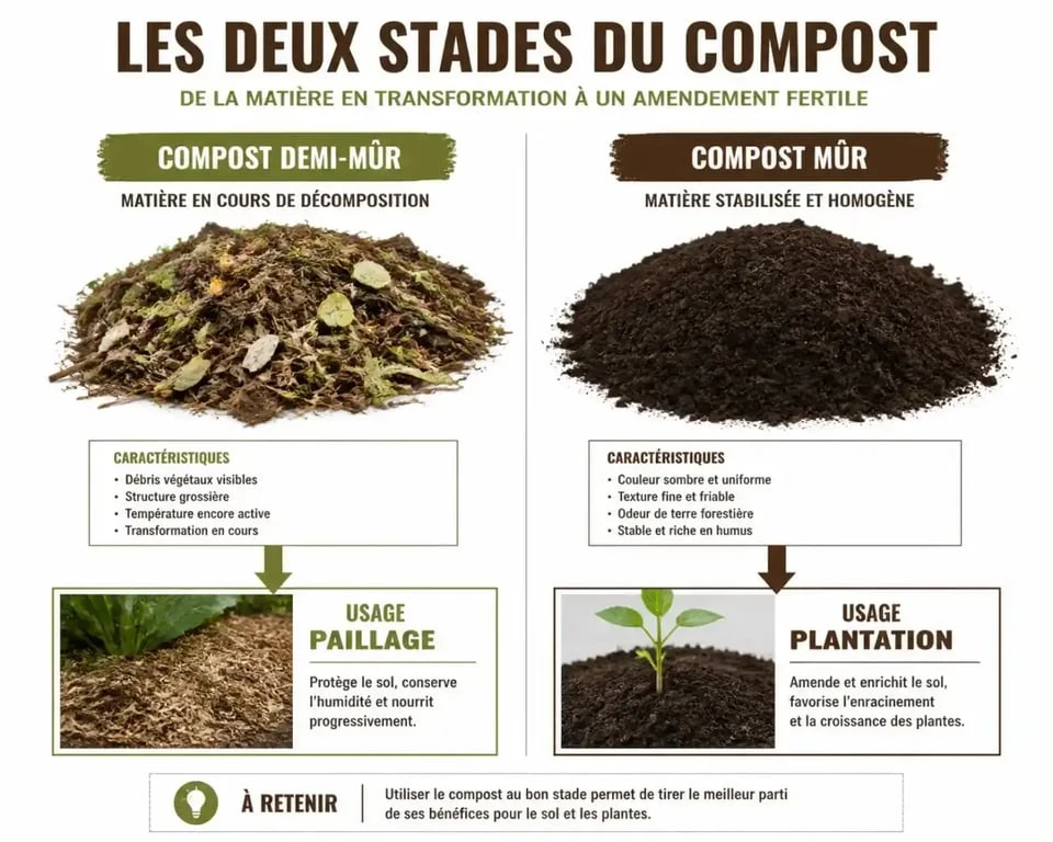 Infographie sur les stades de maturation du compost pour jardin : demi-mûr et mûr