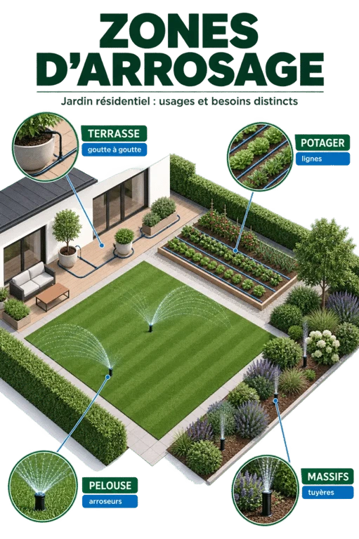 Arrosage automatique : jardin découpé en zones avec goutte à goutte, arroseurs et massifs