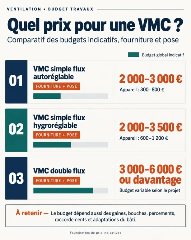 Infographie sur le prix d'une VMC selon le type de ventilation et la complexité de la pose
