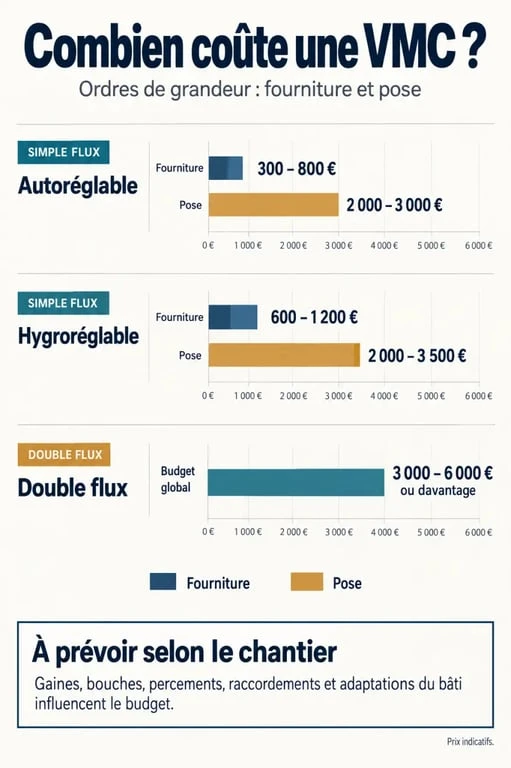 Infographie sur le prix d'une VMC selon le type de ventilation et la complexité de la pose