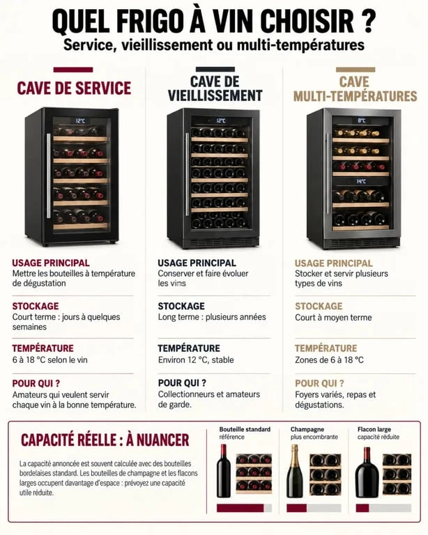 Infographie comparative des types de frigo à vin et de leurs usages