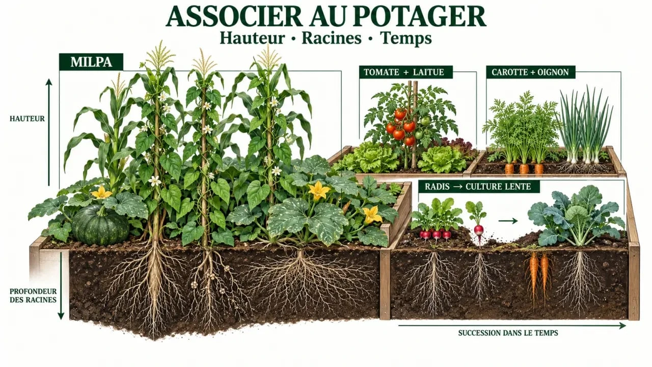 Association légumes potager illustrant les étages de culture et la milpa des trois sœurs