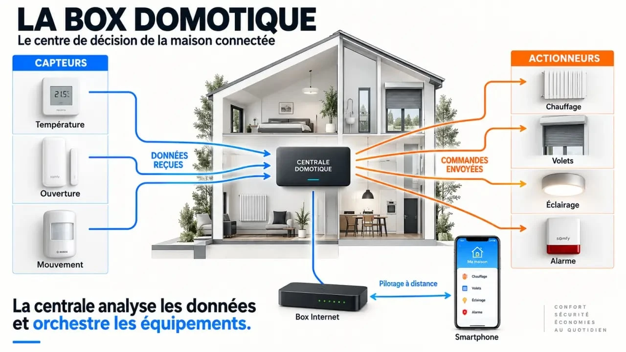 Schéma du fonctionnement d’une box domotique entre capteurs, centrale et appareils connectés