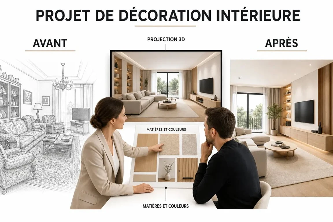 Décoratrice interieur présentant une planche d’ambiance dans un salon lumineux