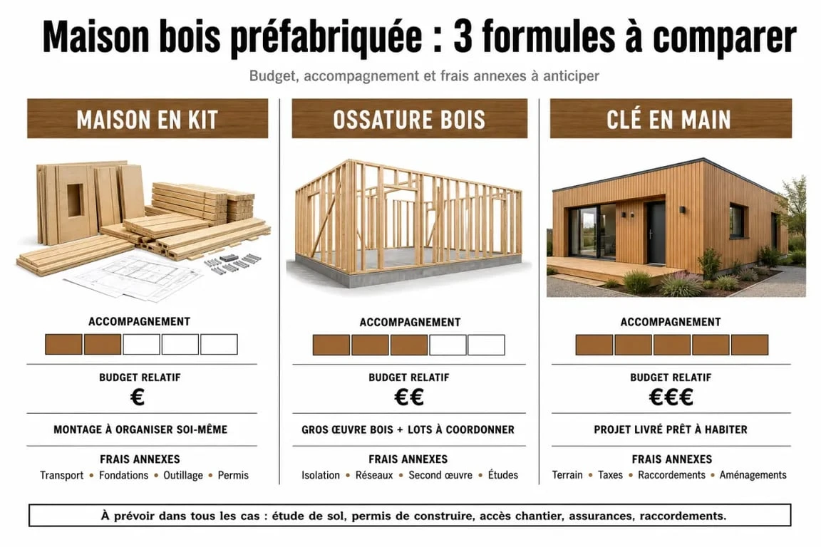 Préfabriqué bois maison : comparatif visuel entre kit, ossature bois et clé en main