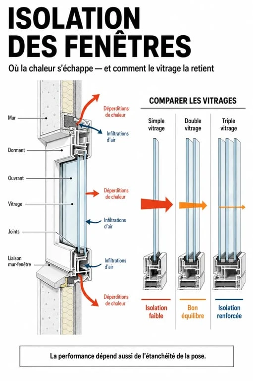 Infographie sur l’isolation fenêtres et les principales sources de déperdition de chaleur