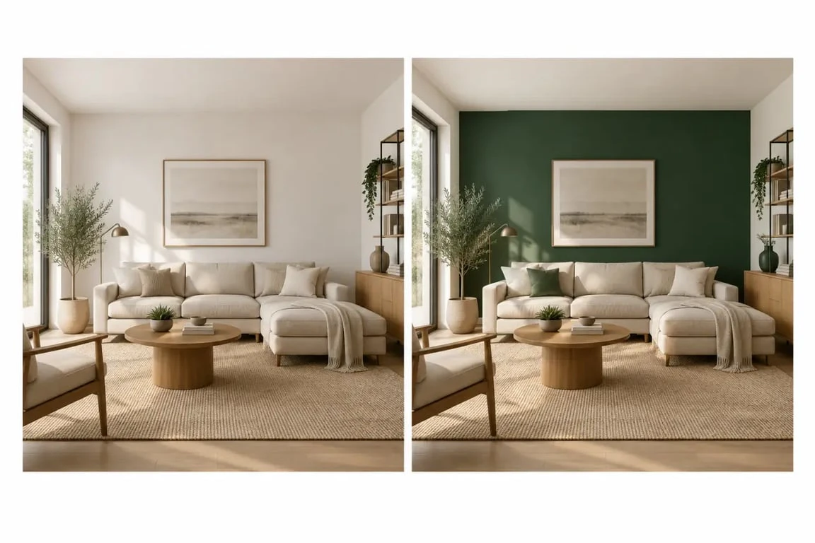 Idée peinture salon avec mur d’accent vert émeraude avant et après