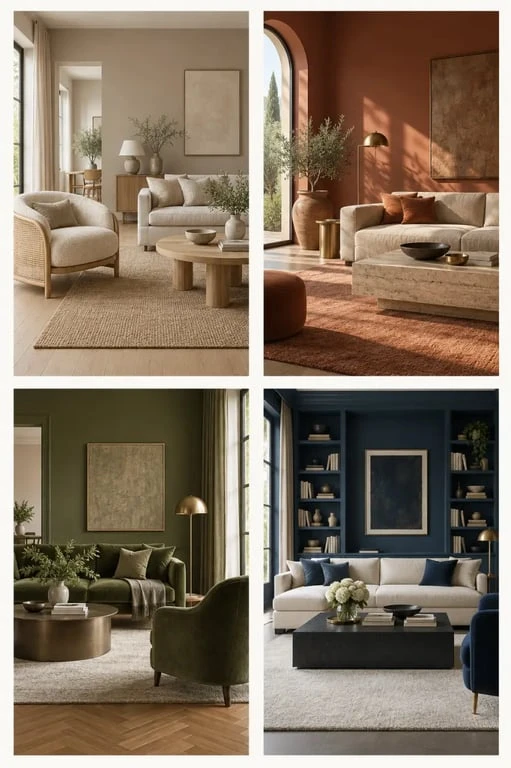 Idée peinture salon avec quatre ambiances beige, terracotta, vert olive et bleu nuit