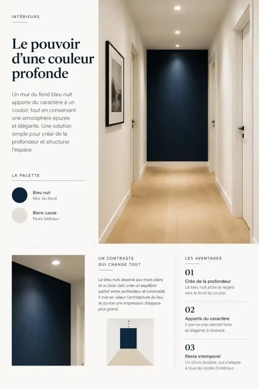 Idée déco couloir moderne avec mur du fond foncé pour casser l'effet tunnel