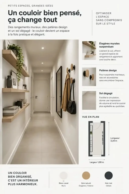 Aménagement et idée déco couloir moderne avec rangements suspendus