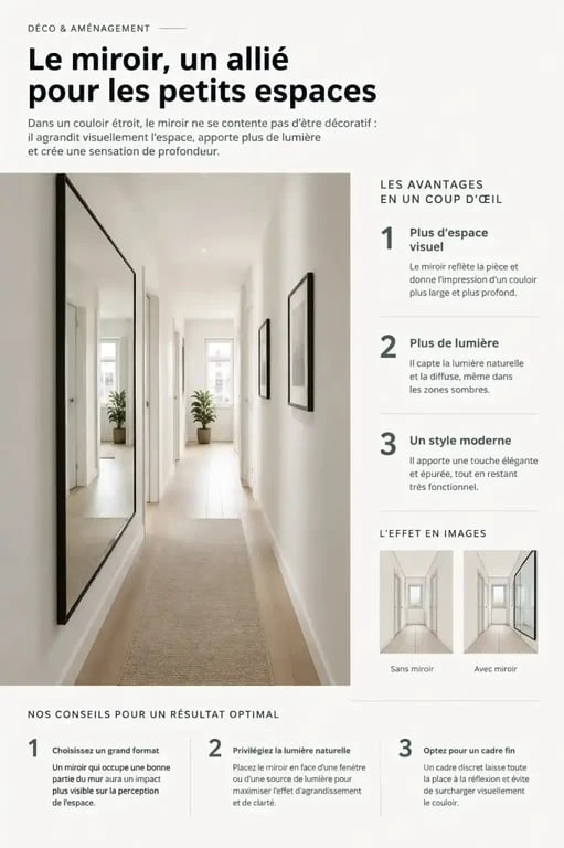 Idée déco couloir moderne avec miroir pour agrandir l'espace