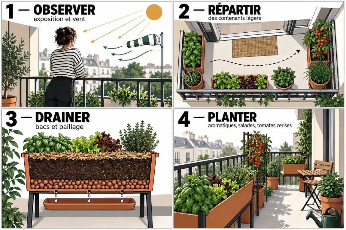 Illustration des étapes pour aménager un potager urbain sur son balcon