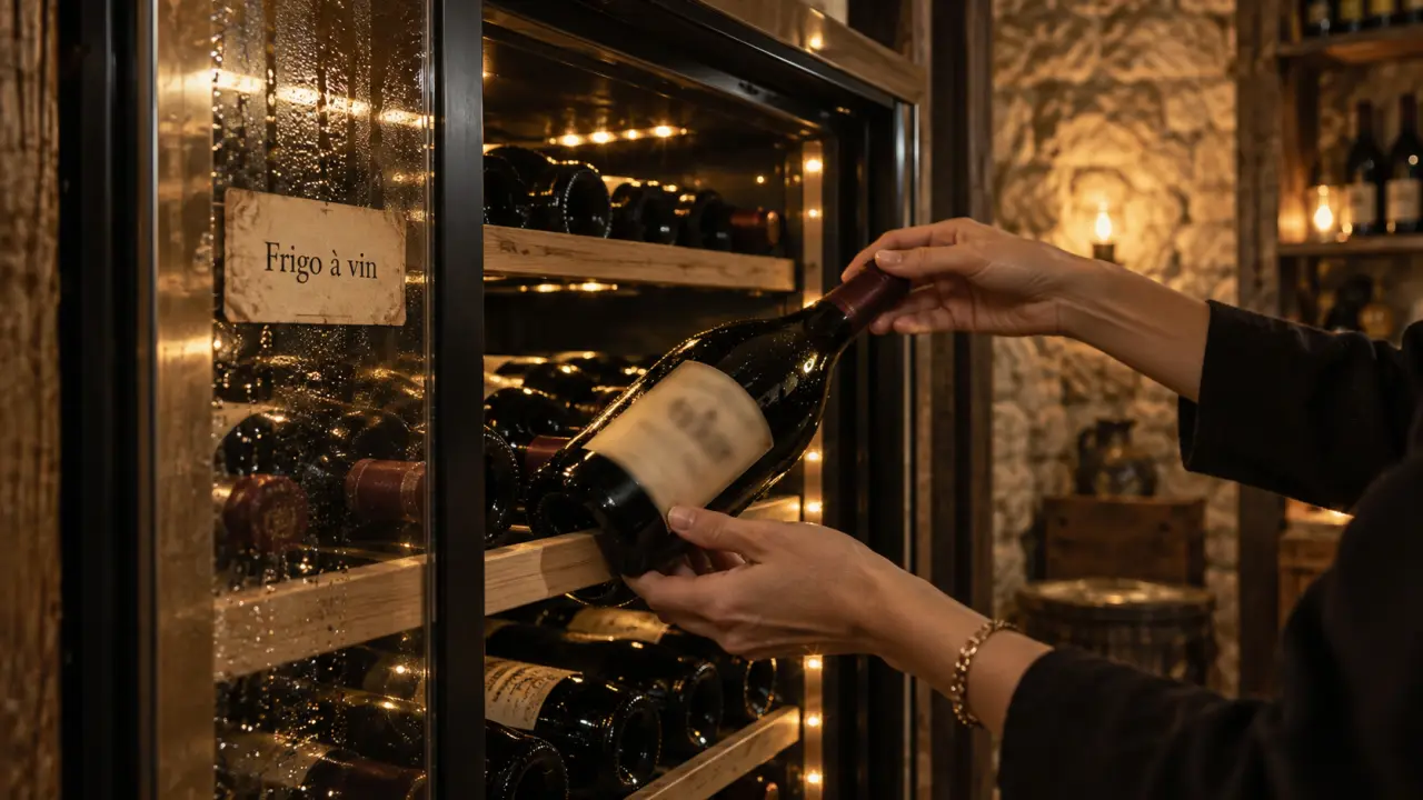 Frigo à vin encastré, bouteilles couchées dans un cellier