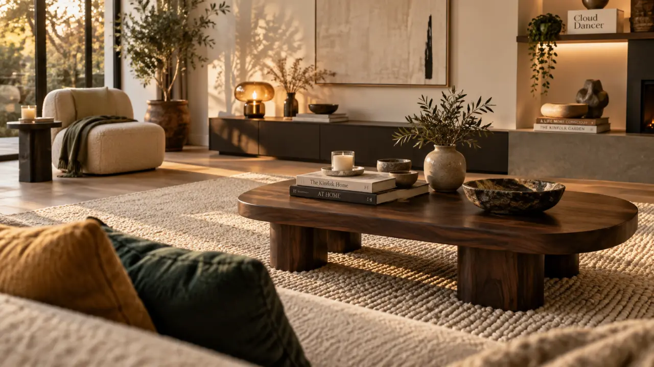 Tendance déco 2026 : salon aux matières mates et tons profonds, beige et vert sarcelle