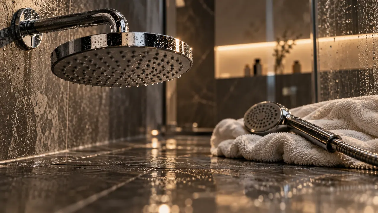 Tête de douche effet pluie et diamètre, pomme ronde chrome en salle de bain