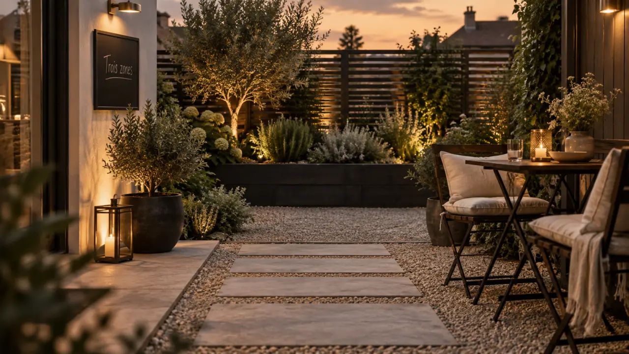Aménager petit jardin urbain en trois zones avec terrasse, coin repas et massif