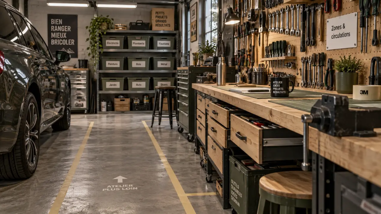Amenager un atelier dans son garage : voiture, couloir de circulation et outils rangés