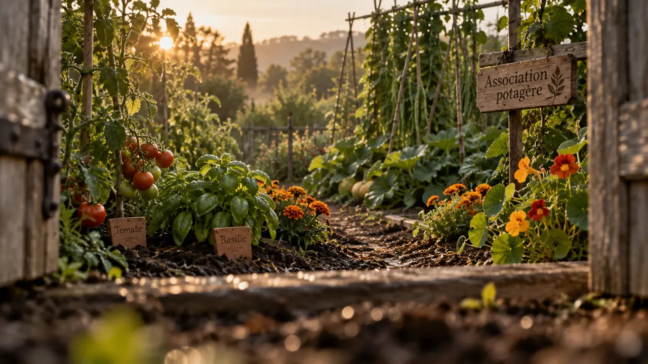 Association potagere : potager au petit matin, tomates et basilic