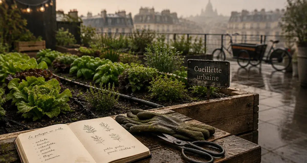 Cueillette urbaine : récolte de salades sur toiture végétalisée en ville