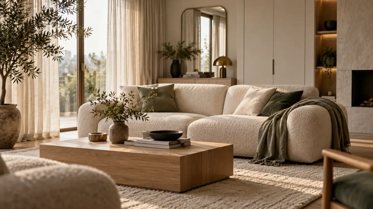 Décoration minimaliste salon lumineux beige et crème avec bois clair