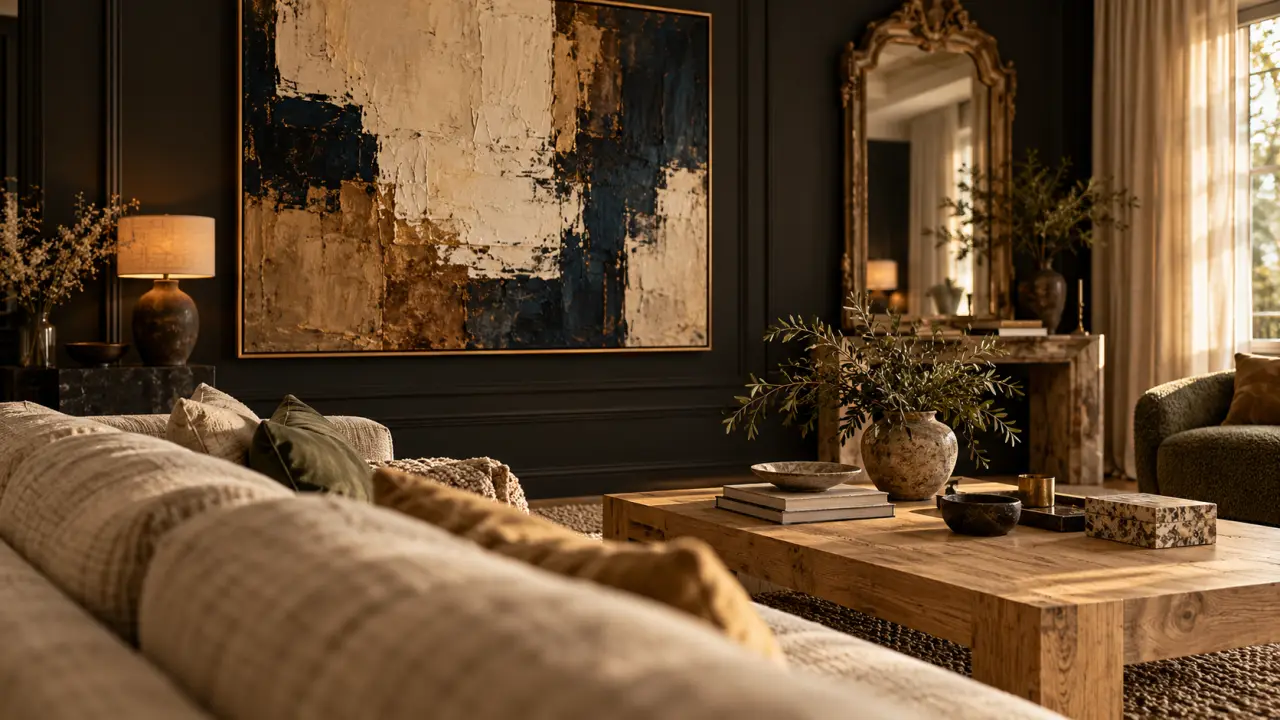 Decoration murale salon tendance : tableau texturé en relief et miroir sculptural