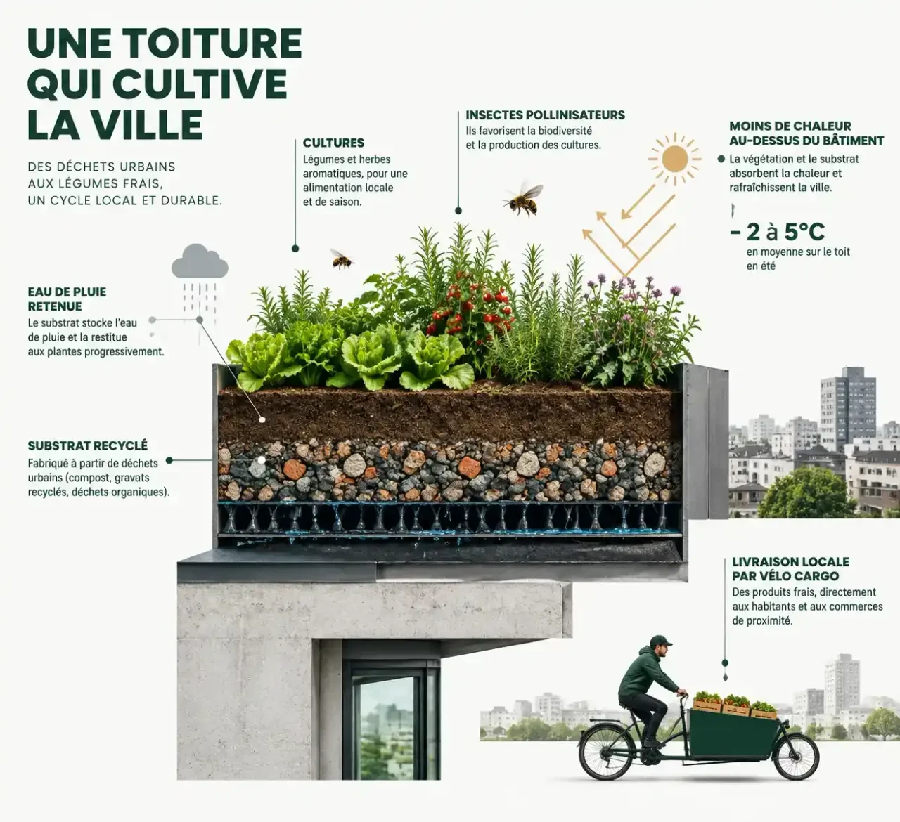 Schéma d'une toiture cultivée illustrant la cueillette urbaine : substrat issu de déchets, cultures, biodiversité, gestion de l'eau et circuit court