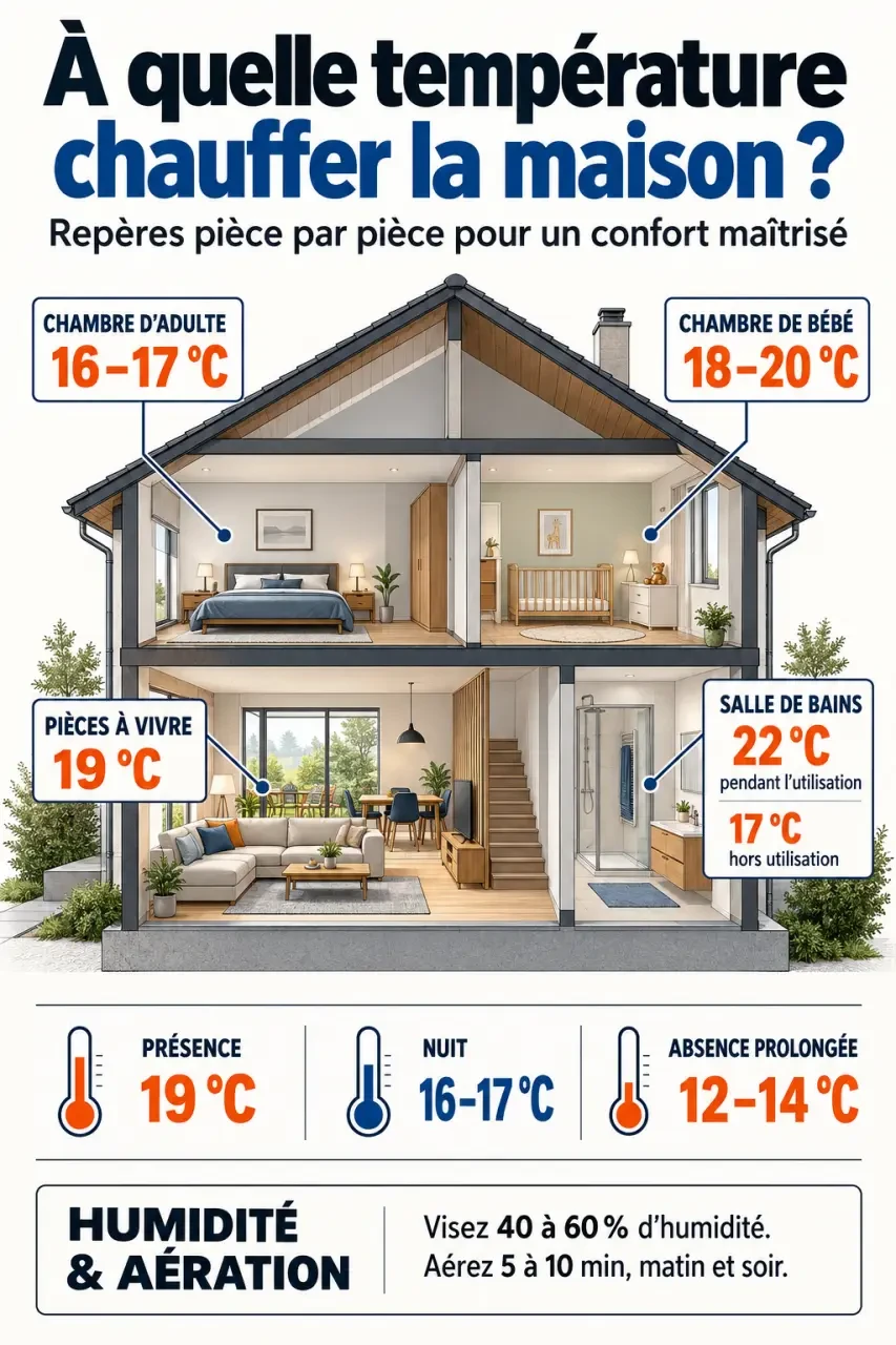 Infographie sur quelle température dans une maison selon chaque pièce et chaque situation