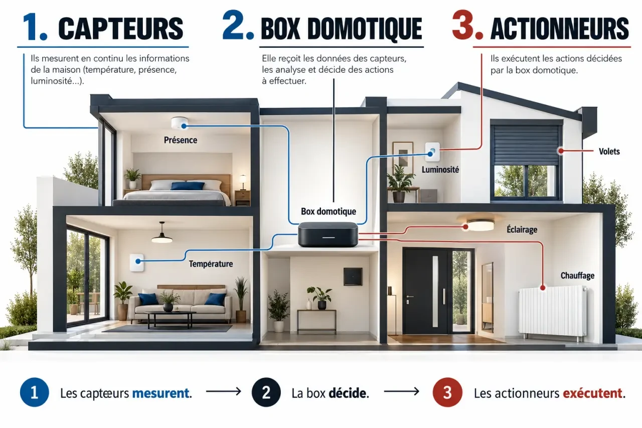 Schéma du fonctionnement du confort et de la domotique avec capteurs, box et équipements connectés