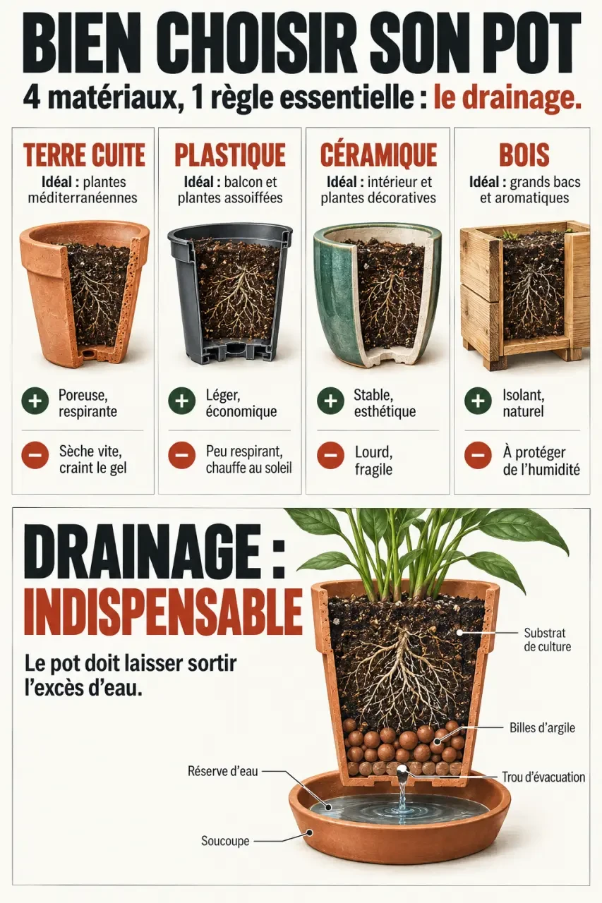 Infographie comparative des matériaux et du drainage pour choisir un pot pour jardiner