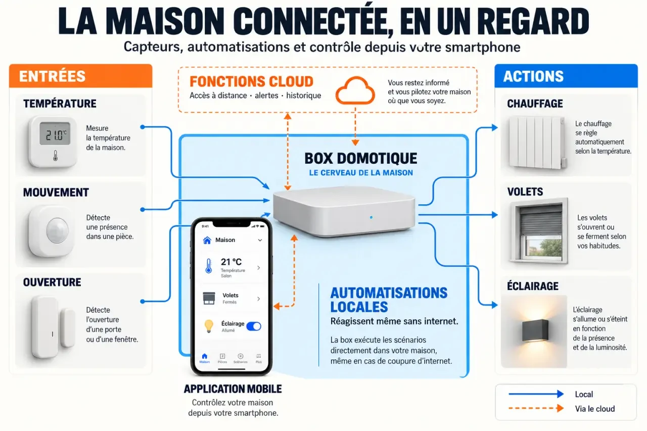 Schéma du fonctionnement d’une application domotique avec box, capteurs et équipements connectés