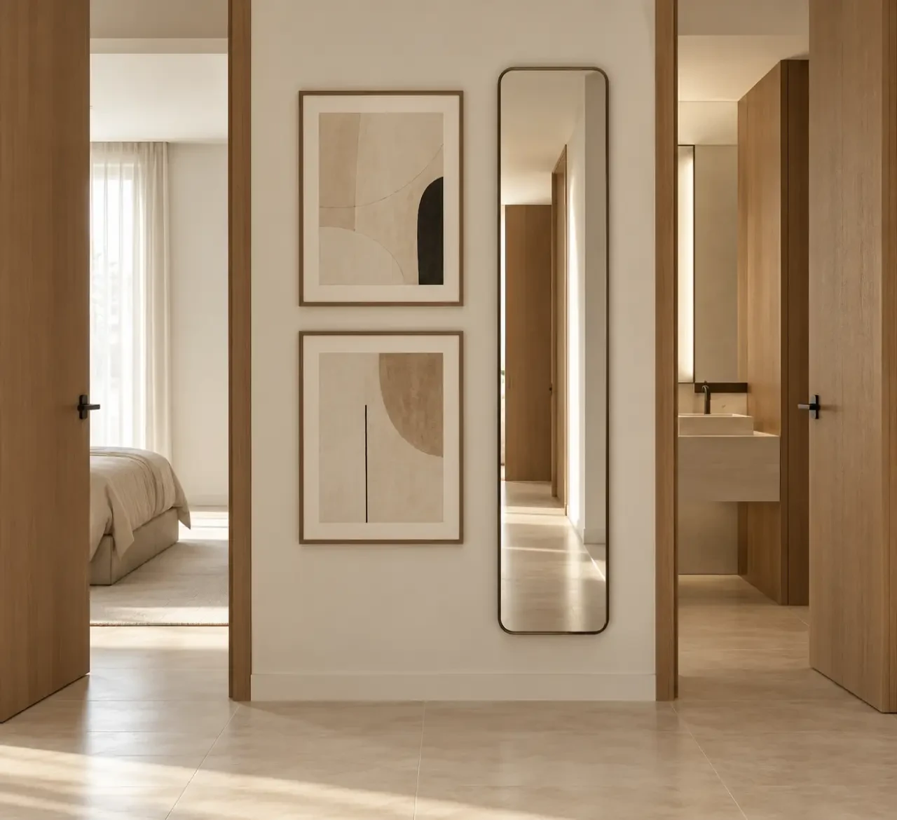 Idée déco murale pour petit mur étroit avec miroir vertical et cadres