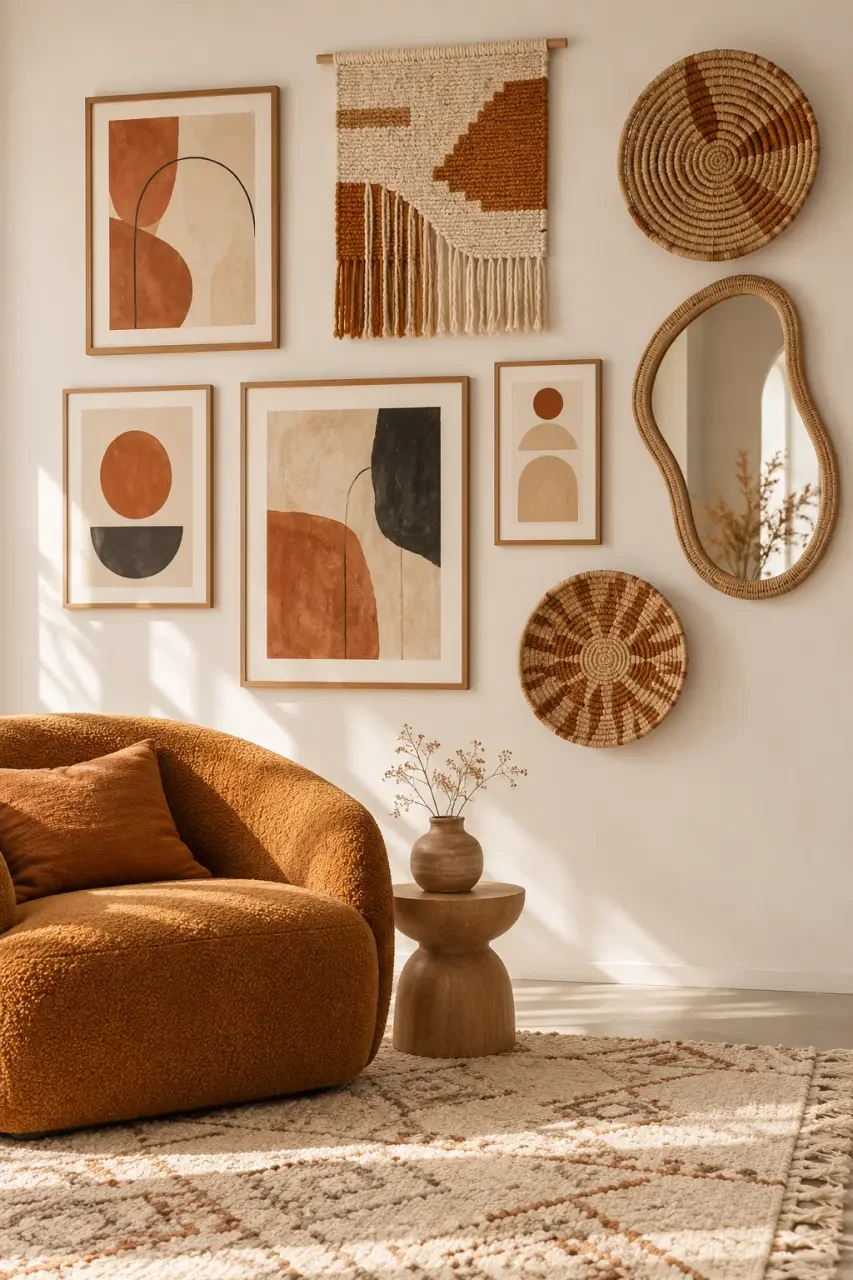 Idée déco murale associant bois, textile, vanneries et miroir