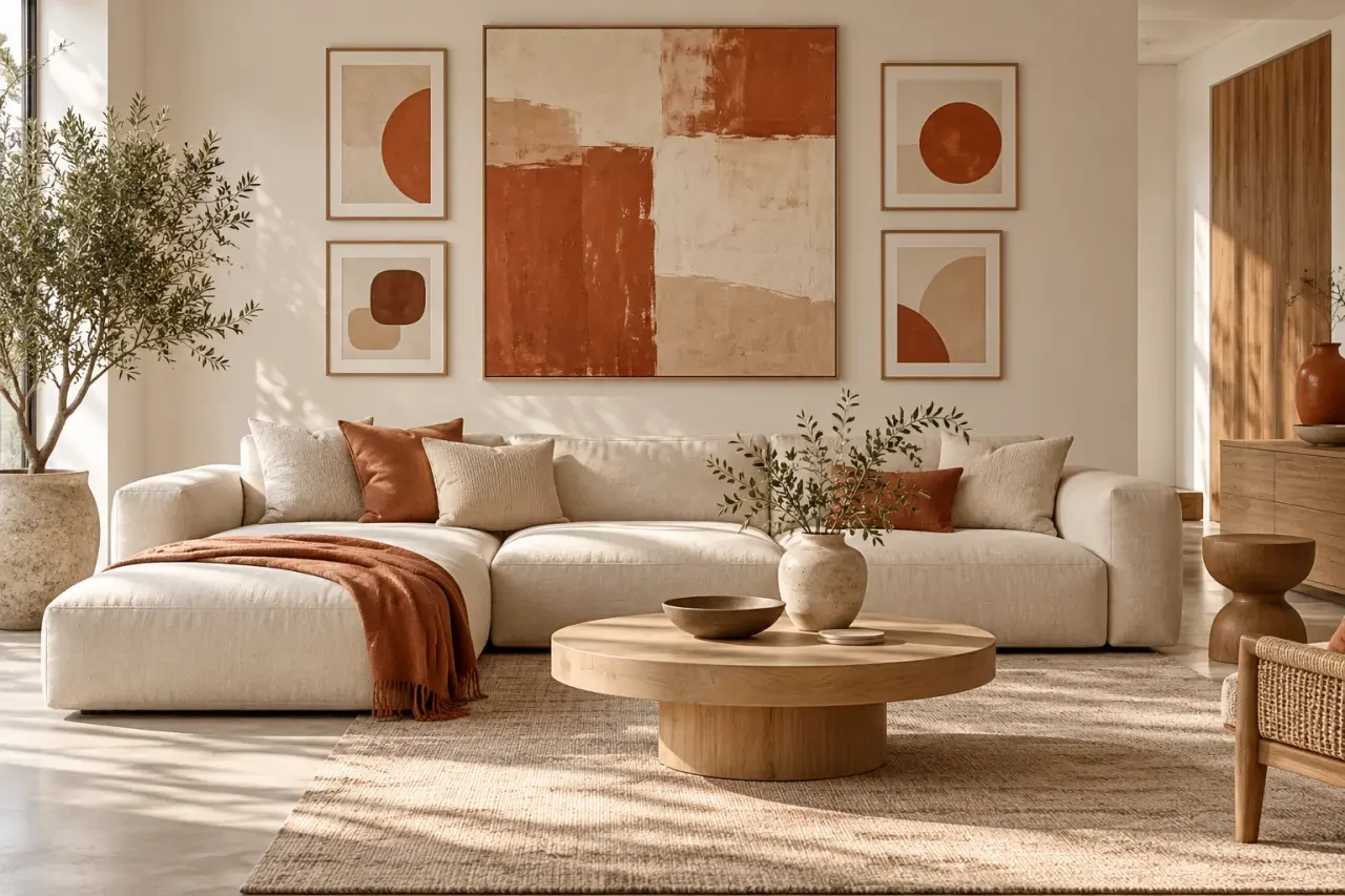 Idée déco murale avec composition de cadres autour d'un grand tableau dans un salon