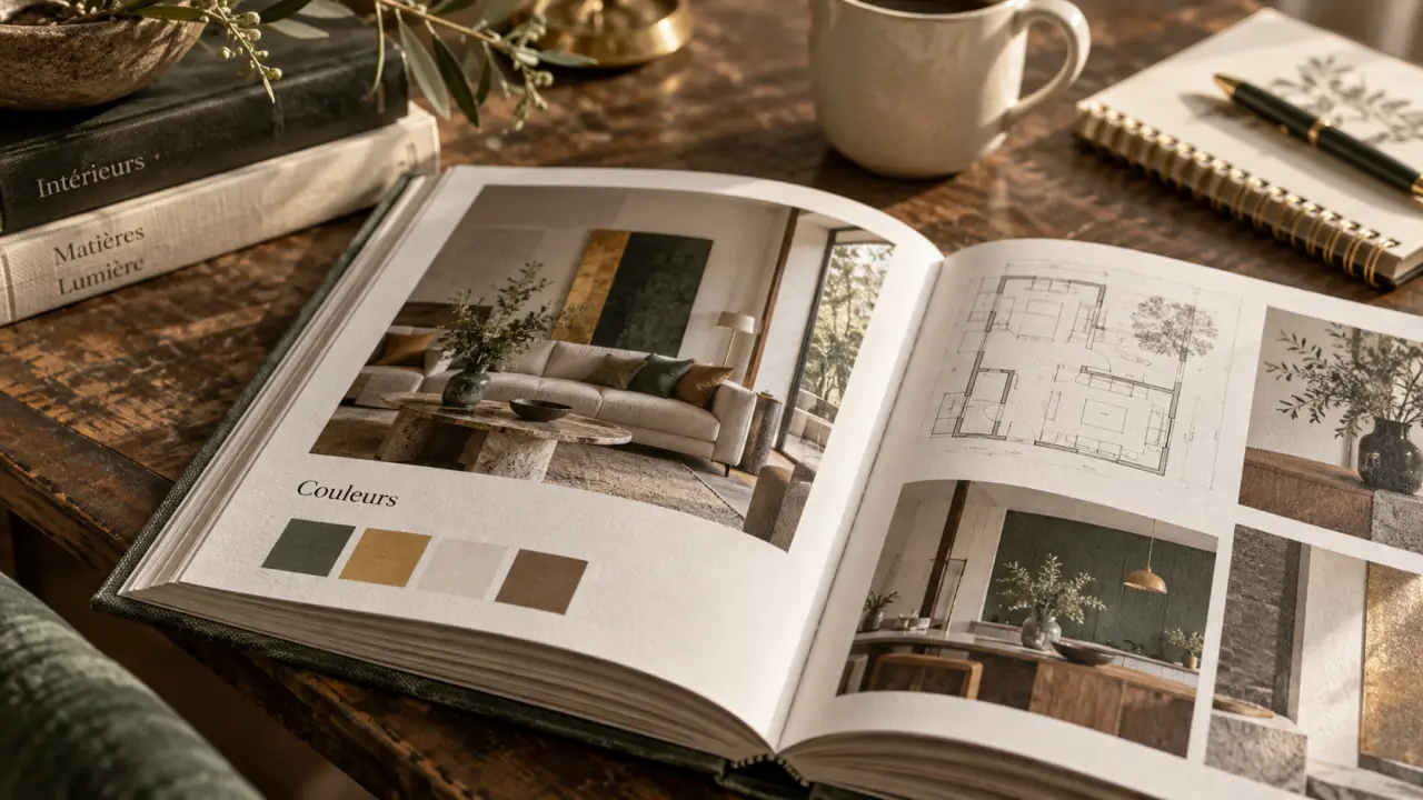 Livre decoration interieur sur table bois, pages d’intérieurs et plans