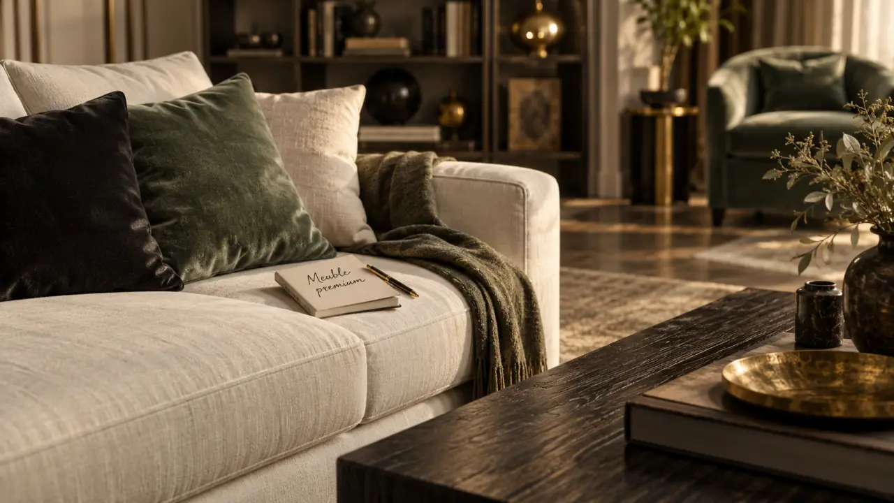 Mobilier design haut de gamme : canapé en lin ivoire et table basse en bois