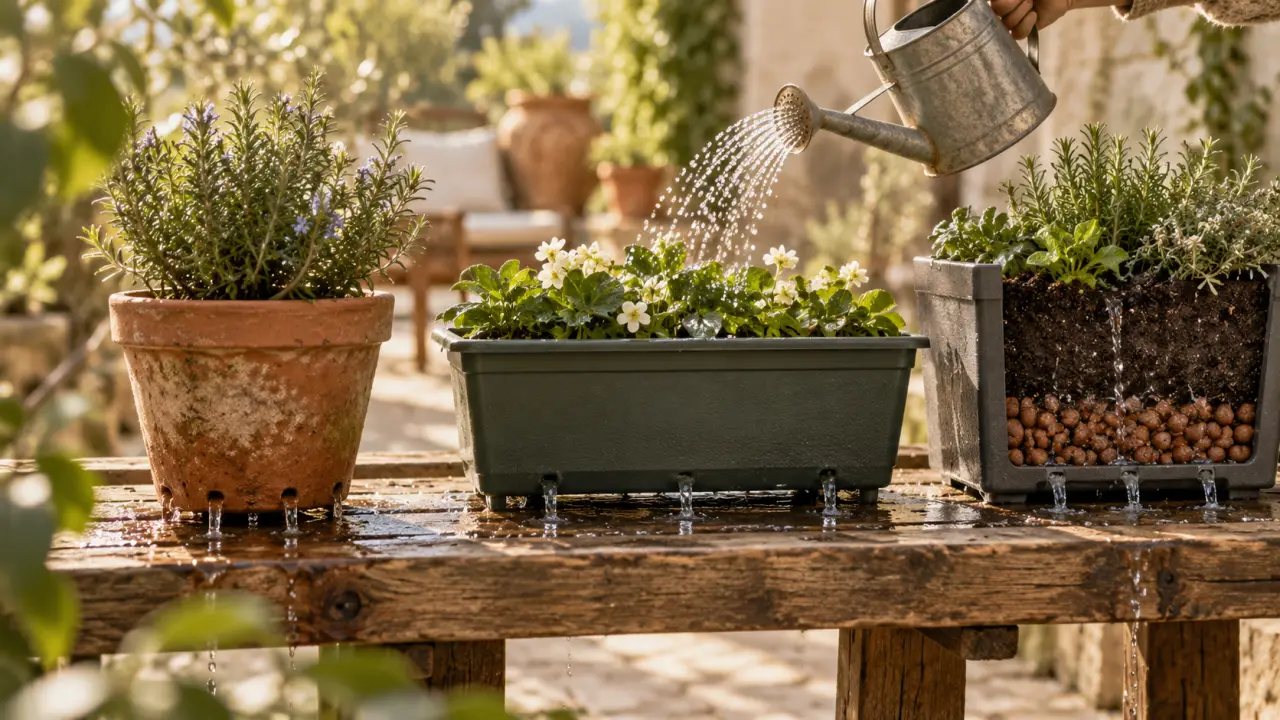 Pot pour jardiner : trou de drainage au fond d’un pot, eau s’évacue